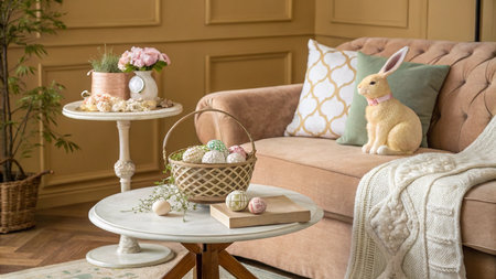 Easter decoration with basket of eggs and bunny in living room interiorの写真素材