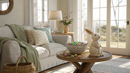 Easter bunny with basket of colorful eggs on table in living room