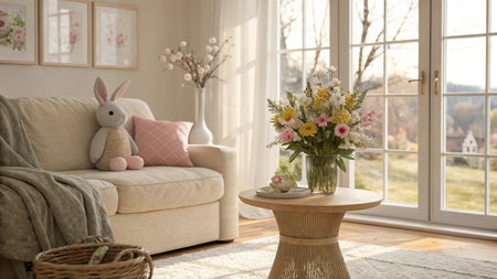 Living room interior with comfortable sofa and bouquet of flowers in vaseの写真素材