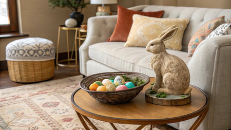 Easter decoration in the living room with a gray sofa, a basket of eggs and a bunny