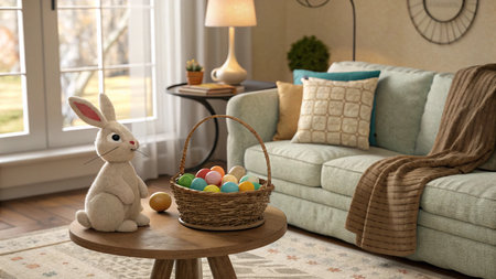 Easter bunny with basket of colorful eggs on table in living roomの写真素材