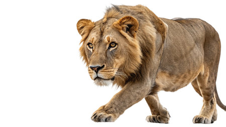 Side view of a male lion, Panthera leo, walking against white backgroundの写真素材