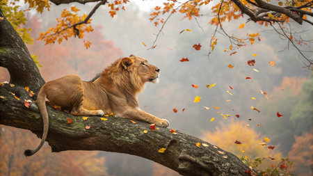Lion lying on tree branch in autumn forest.の写真素材