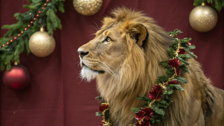 lion with christmas tree on red background, closeup of photoの写真素材
