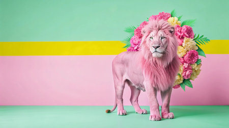 Lion with flowers on green and pink background. Copy space.の写真素材
