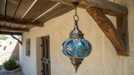 Arabic lantern with blue and white ornament hanging on the wooden wallの写真素材