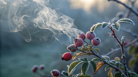 Frosted rosehip berries on a branch in the morning sunlightの写真素材