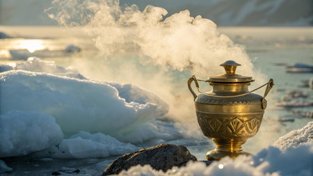 Samovar on the ice of Lake Baikal, Russiaの写真素材