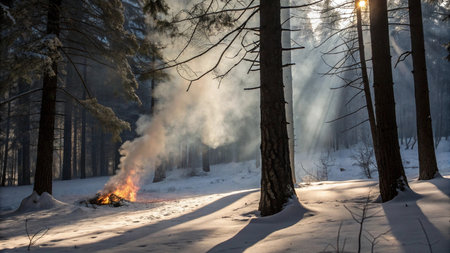 Forest fire in the winter forest. Fire in the winter forest.