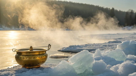 Old copper pot on the ice on the bank of a frozen lakeの写真素材