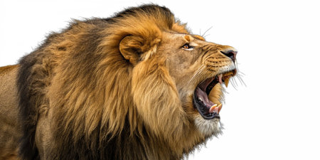 Big male lion, Panthera leo, roaring on white backgroundの写真素材