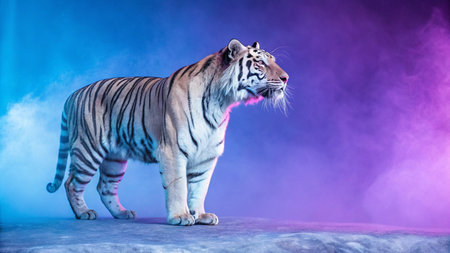 Portrait of a tiger standing in front of a colored background.の写真素材
