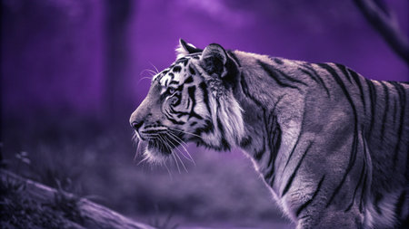 Close up of a tiger looking at the camera with a purple backgroundの写真素材