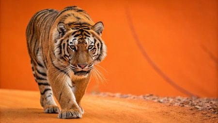 Close up of tiger on orange background. (Panthera tigris altaica)