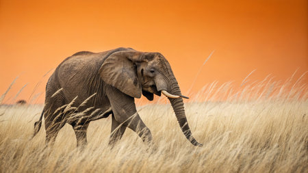 Elephant in the savannah of Amboseli National Park in Kenyaの写真素材