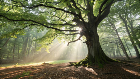 Old beech tree with sunbeams in a misty forestの写真素材