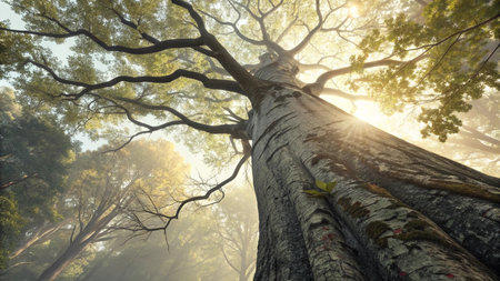 Beech tree in the forest at sunrise. Big tree in the morning