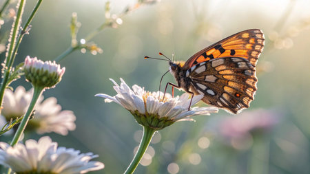 Butterfly on daisy flower in the meadow at sunset