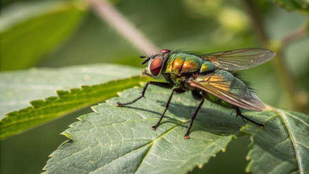 Close up of a green house fly resting on a green leaf.