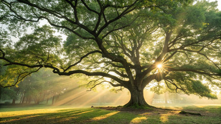 Old big oak tree in the park at sunrise with sunbeamsの写真素材