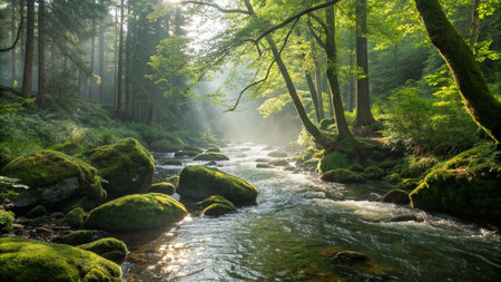 River flowing through the forest in the morning, Bialowieza Forest, Polandの写真素材