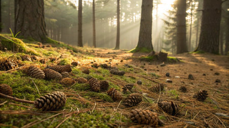 Fir cones on the ground in the forest with morning sunlight.の写真素材