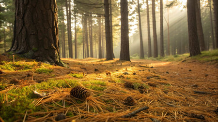 Sunset in a pine forest in the summer. Landscape.