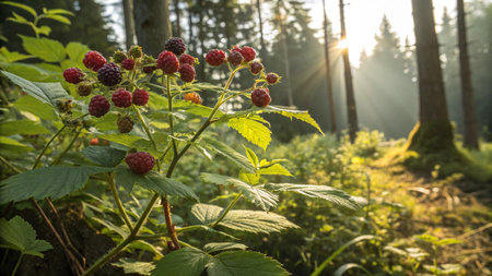 Raspberry in the forest at sunset, beautiful summer landscape with berriesの写真素材