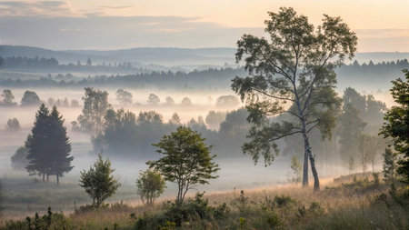 Misty morning in the meadow with trees and fog in the foregroundの写真素材