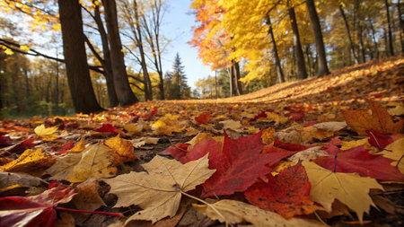 Colorful autumn leaves on the ground in the forest. Fall season.