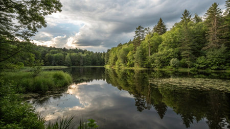 Panoramic view of a forest lake in the middle of summerの写真素材