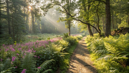 Sunrise in a forest with ferns and pink flowers.の写真素材