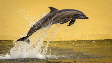 Dolphins jumping out of the water on a background of yellow wallの写真素材