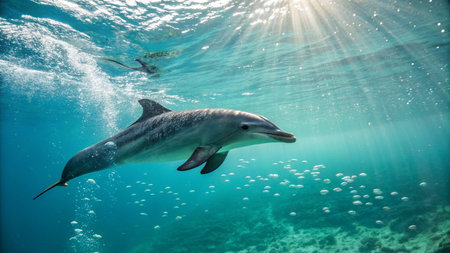 Dolphins swimming underwater in the ocean. Dolphins swimming in the oceanの写真素材