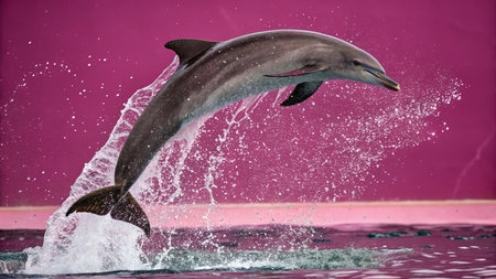 Dolphin jumping out of the water on pink background. Studio shot.の写真素材