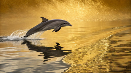 Dolphin jumping out of the water on a golden sunset background.の写真素材
