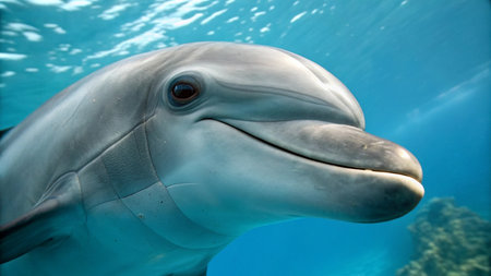 Dolphin close up in the deep blue water of the ocean.