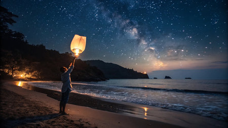 Man holding a lantern on the beach under the starry sky.の写真素材