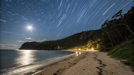 Long exposure photograph of a star trail over a beach at night.の写真素材