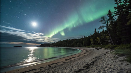 Aurora borealis, northern lights over a beach in Swedenの写真素材