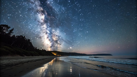 Milky Way over the beach at night. Long exposure photograph.の写真素材