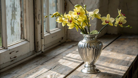 Vase with yellow orchids on a wooden windowsill.の写真素材