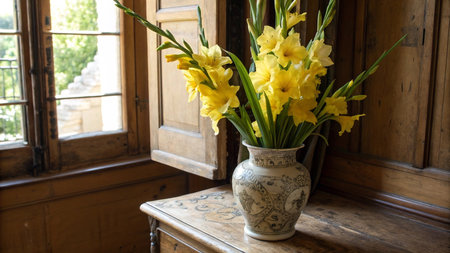 Yellow daffodils in a vase on an old wooden table