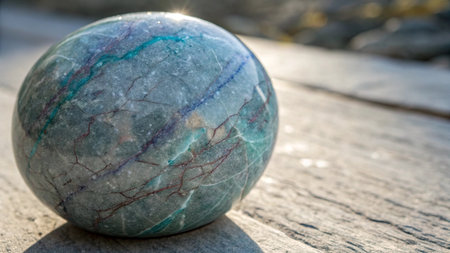 Close up of a marble ball on a wooden table with copy spaceの写真素材