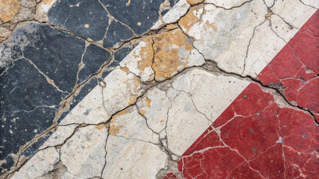 A cracked concrete surface with a red and white striped pattern.