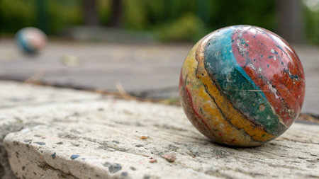 Colorful marbles on the ground in the park. Selective focus.