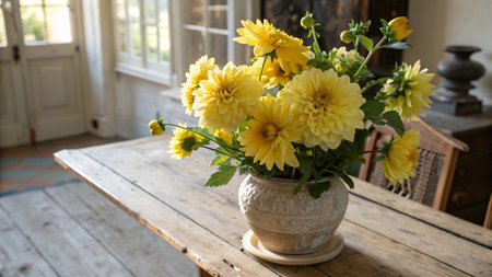 Yellow dahlias in a vase on a wooden table.の写真素材