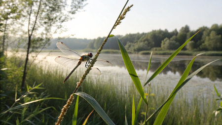 dragonfly on the grass in the summer on the background of the lakeの写真素材