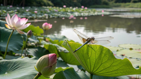 Dragonfly on the lotus flower in the pond, Thailand.の写真素材