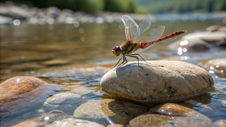 Dragonfly sitting on a rock in the water of a mountain riverの写真素材